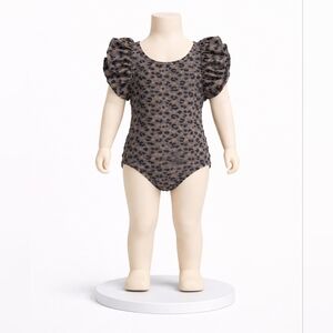 Girls' Grey Leopard Ruffle One-Piece Swimsuit